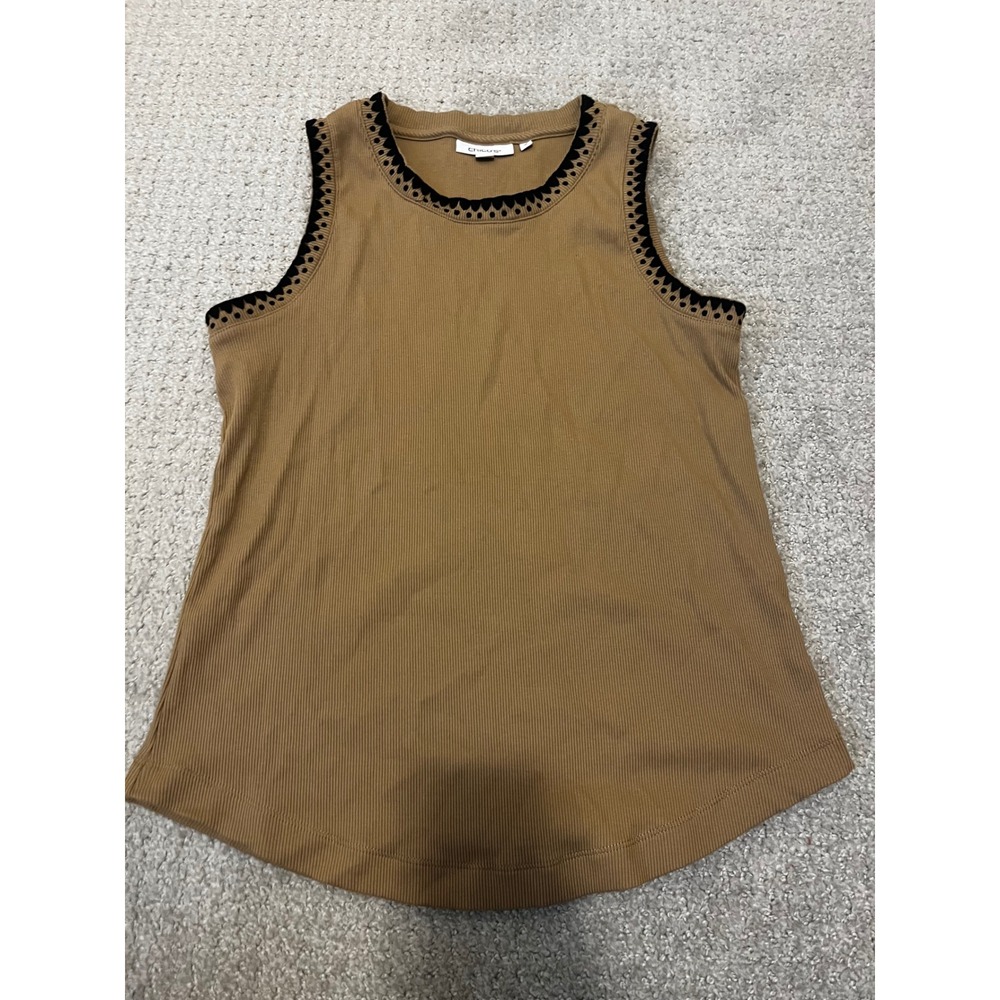 Chico's Tank Top Womens Size 0 Small Brown Ribbed Laser Cut Embroidered Boho